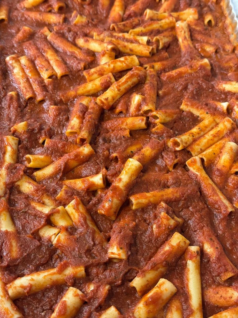 A family tray of Pastore’s baked ziti in tomato sauce